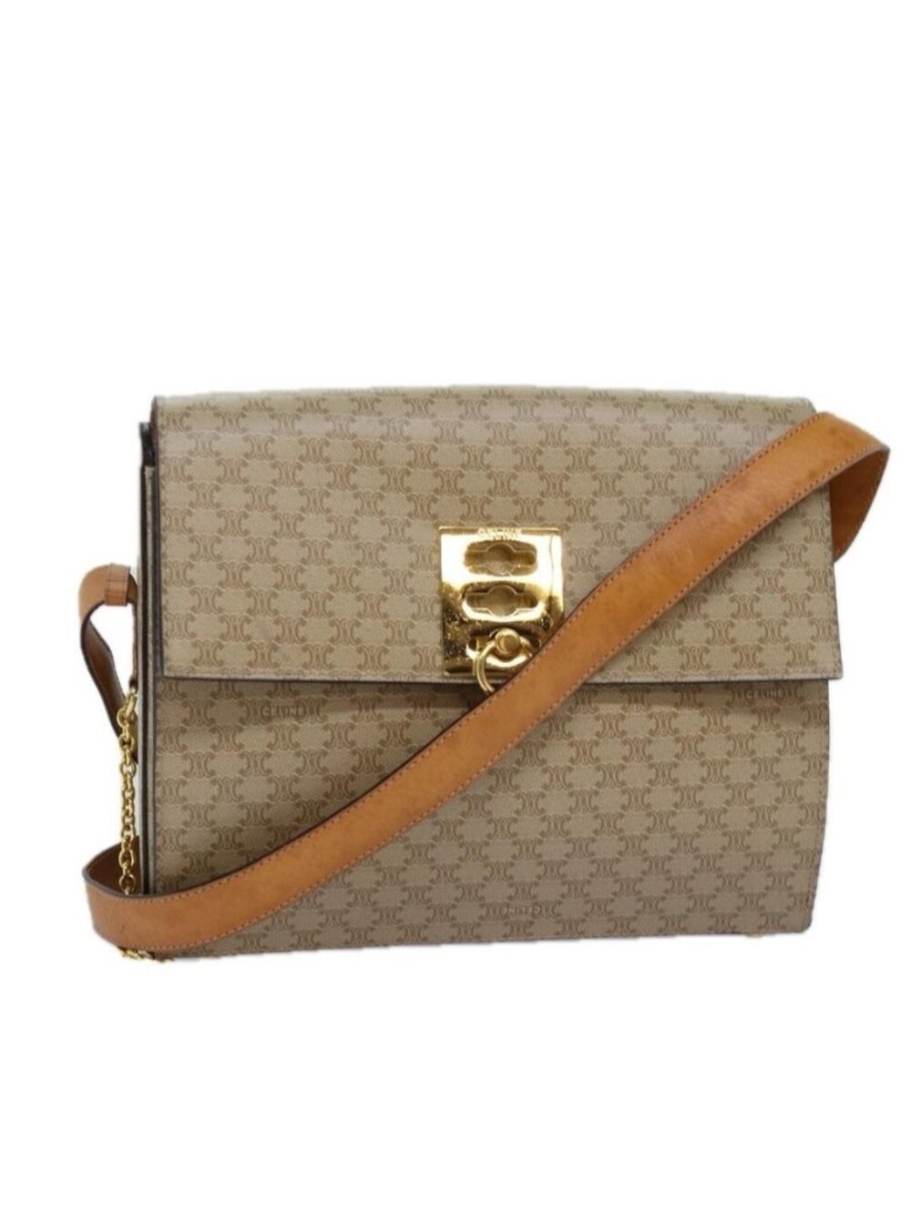 Authentic CELINE Macadam Canvas Shoulder Bag Beige